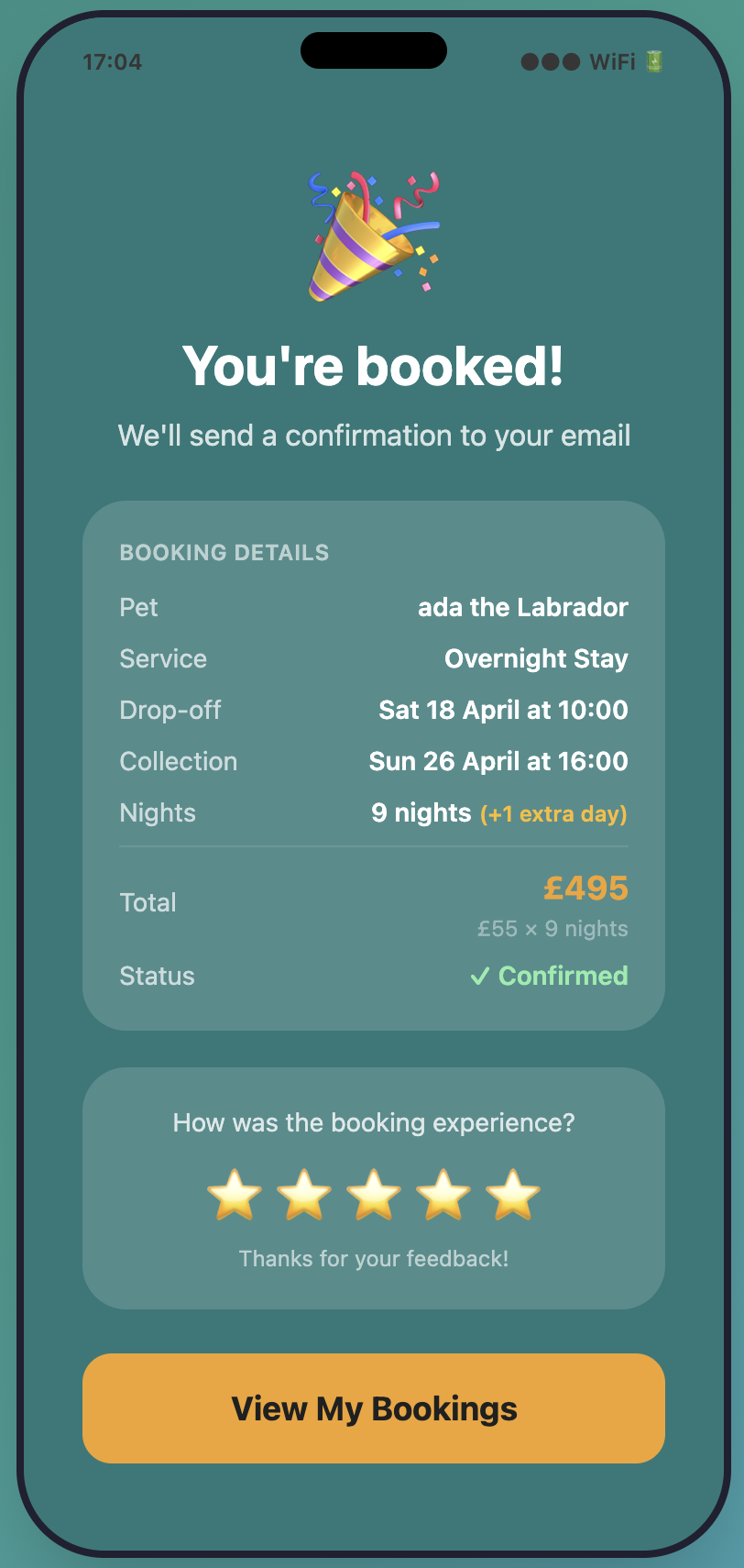PetFlow booking confirmation screen