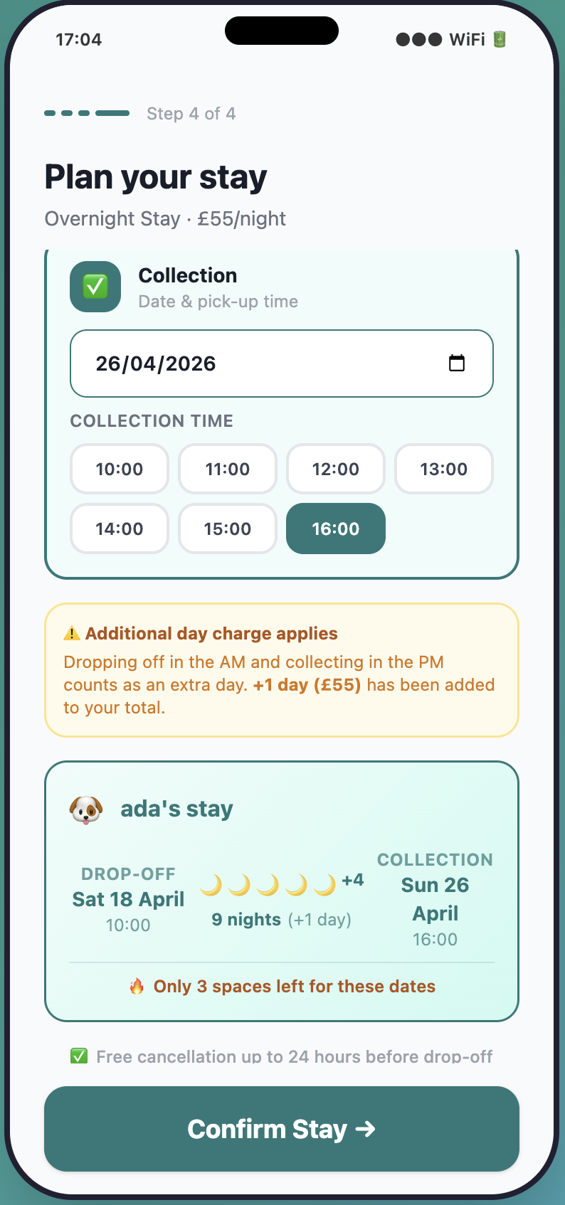 PetFlow overnight stay booking screen